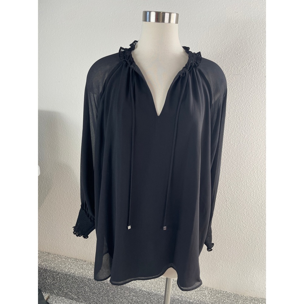 NEW Calvin Klein Womens Plus 1X Modern Essentials Black‎ Ruffle Tie Neck Blouse